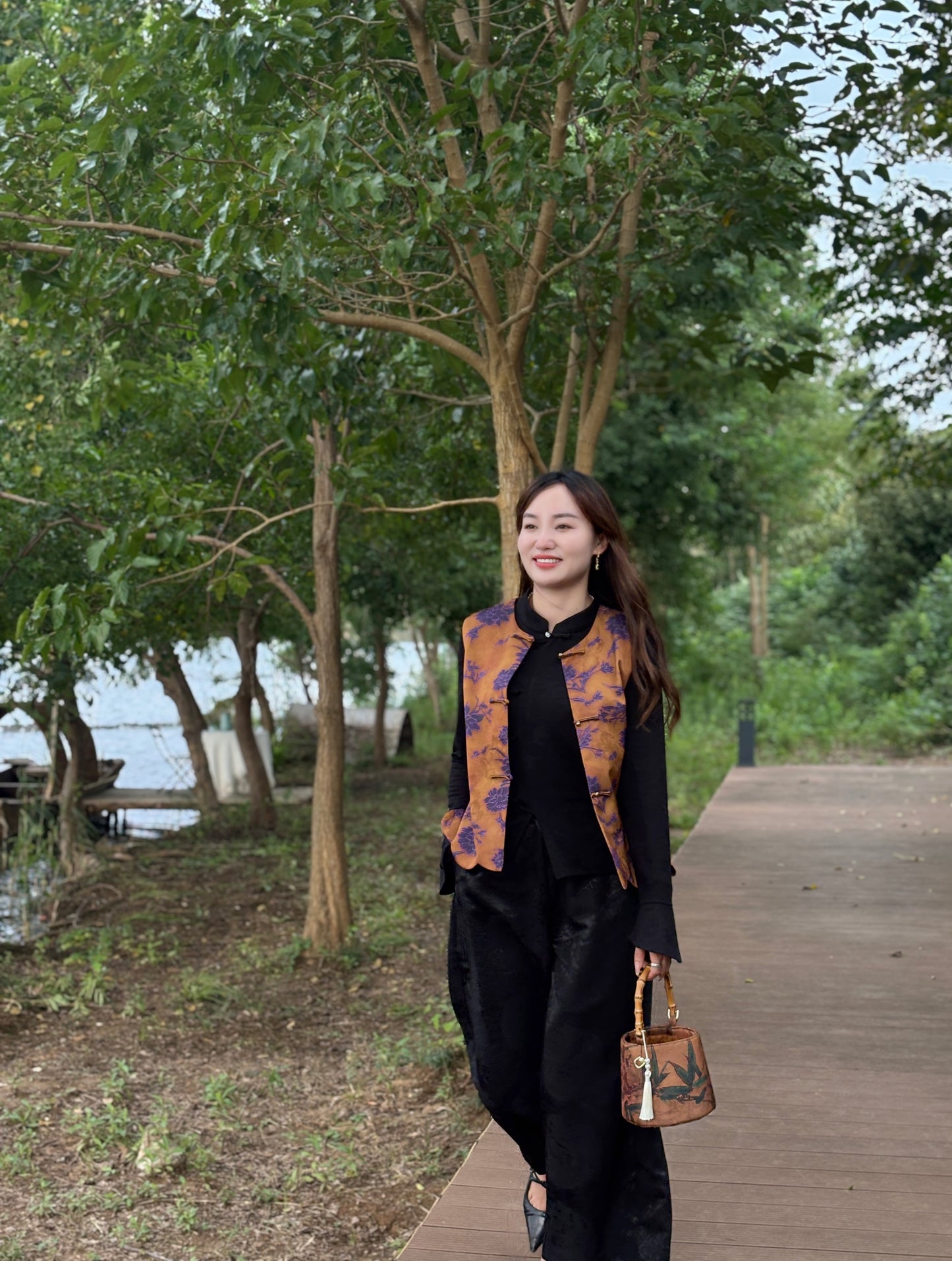 Brown Rayon Jacquard Vest | Luxe Orienta Modern Chinese Vest