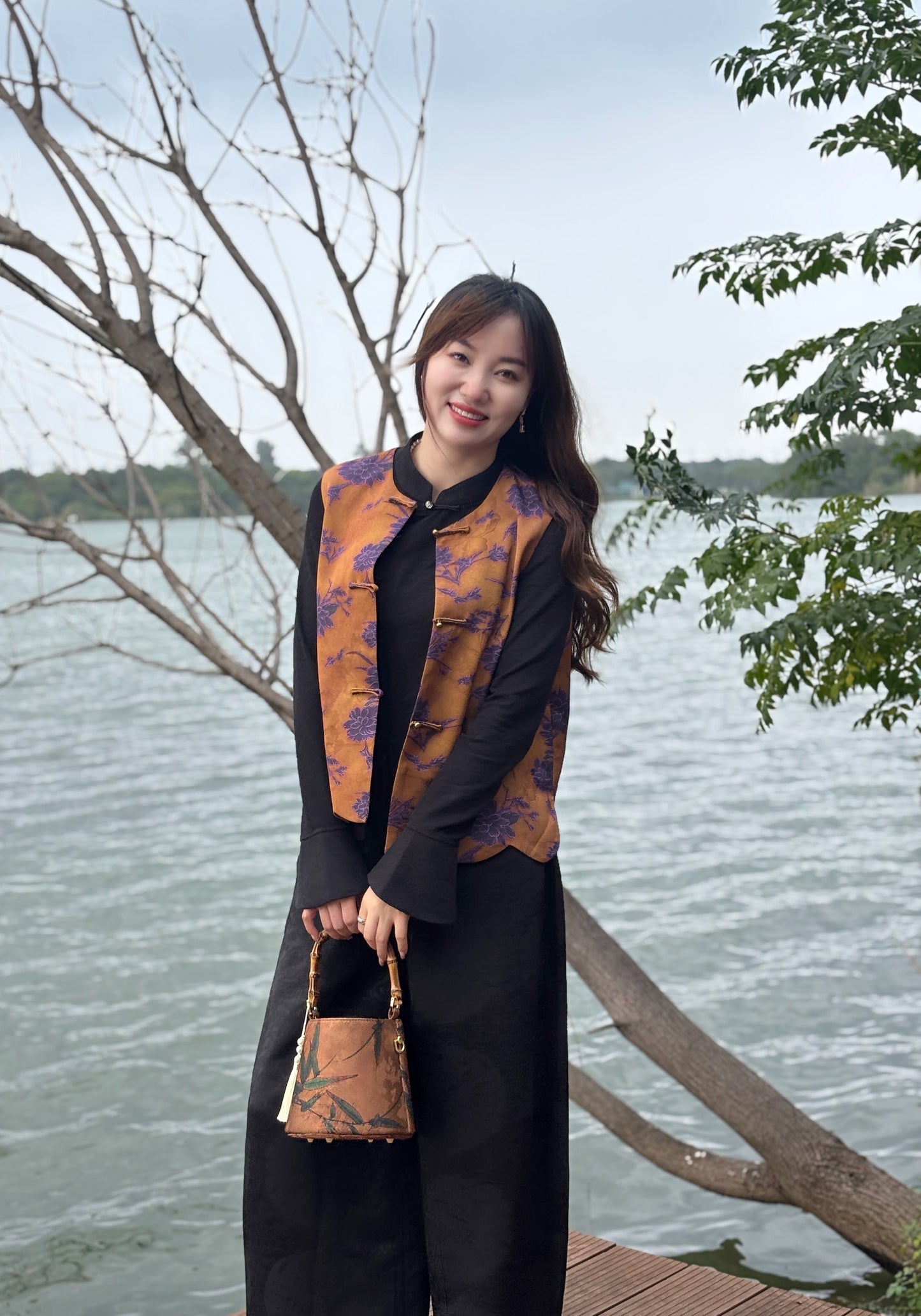 Brown Rayon Jacquard Vest | Luxe Orienta Modern Chinese Vest