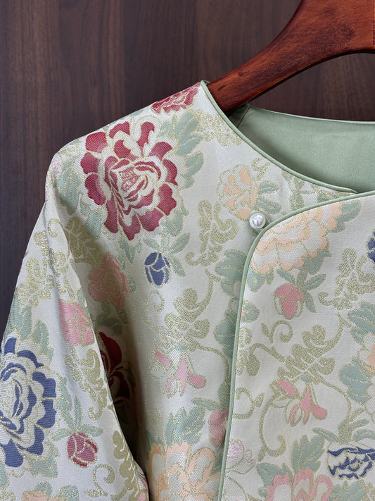 人絲提花綠色斜襟上衣 Green Rayon Jacquard Slanted Collar Top - Luxe Orienta CO., LIMITED