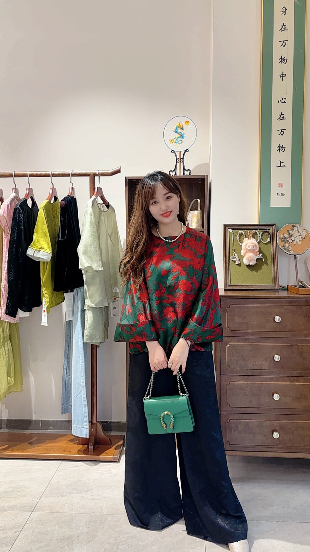 Red & Green Xiangyunsha Silk Jacquard Top – Modern Heritage Elegance by LUXE ORIENTA - Luxe Orienta CO., LIMITED