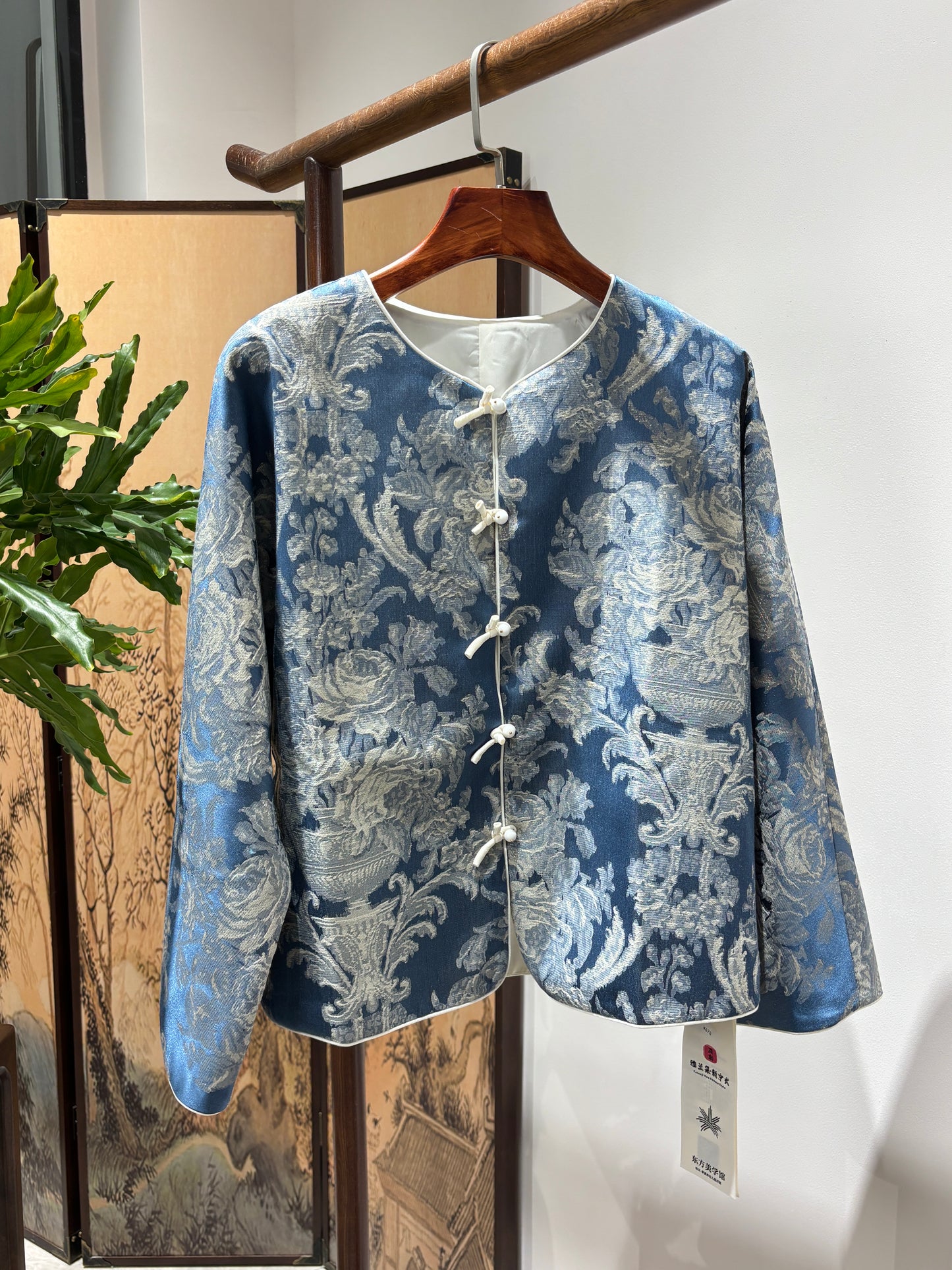 Blue Rayon Jacquard Jacket – Contemporary Elegance with Cultural Flair