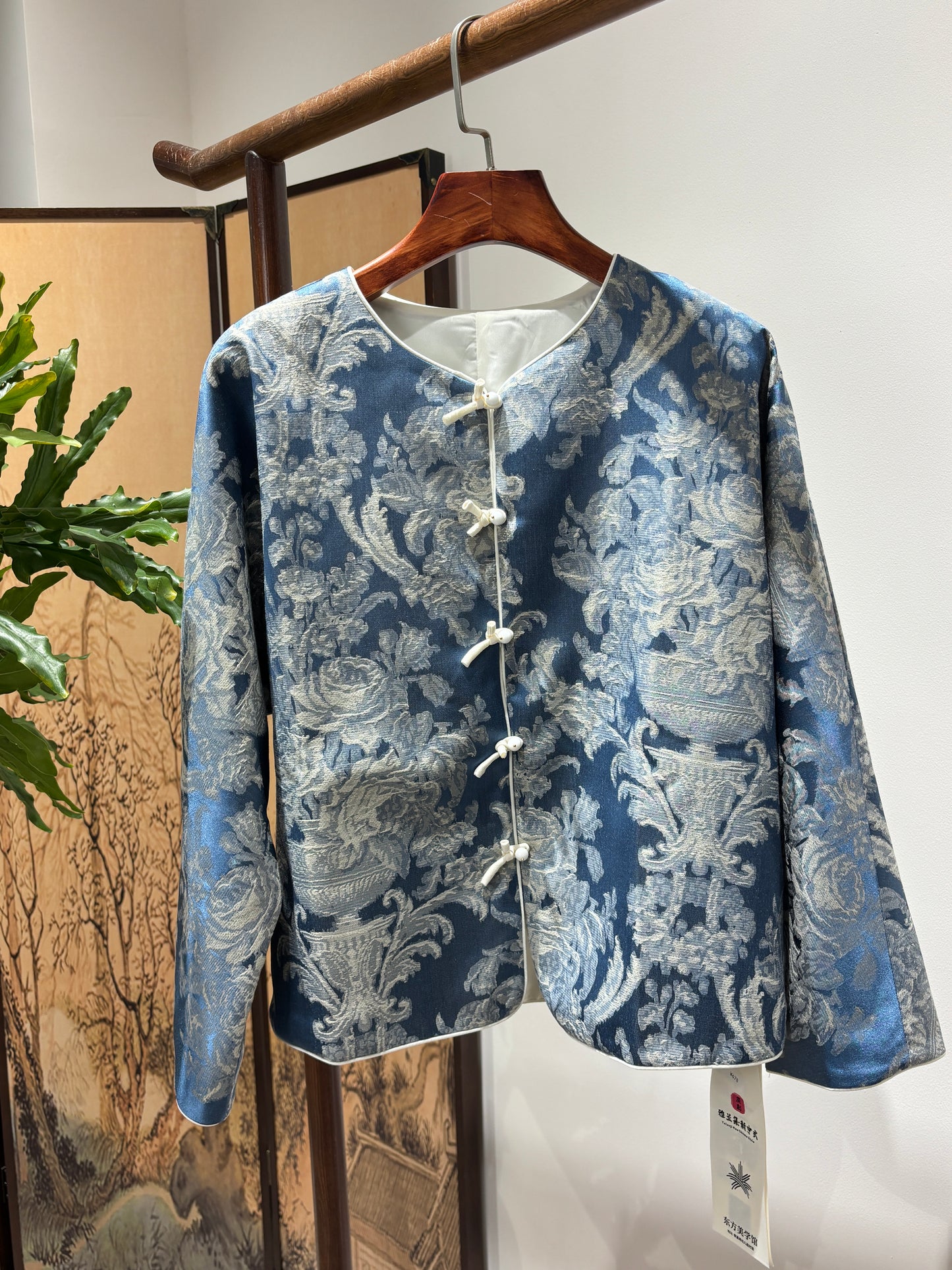 Blue Rayon Jacquard Jacket – Contemporary Elegance with Cultural Flair