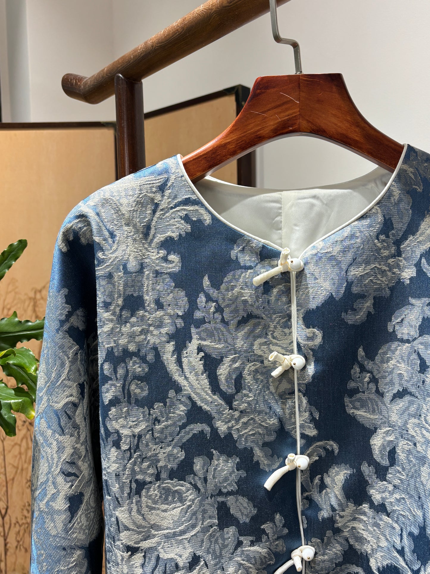Blue Rayon Jacquard Jacket – Contemporary Elegance with Cultural Flair