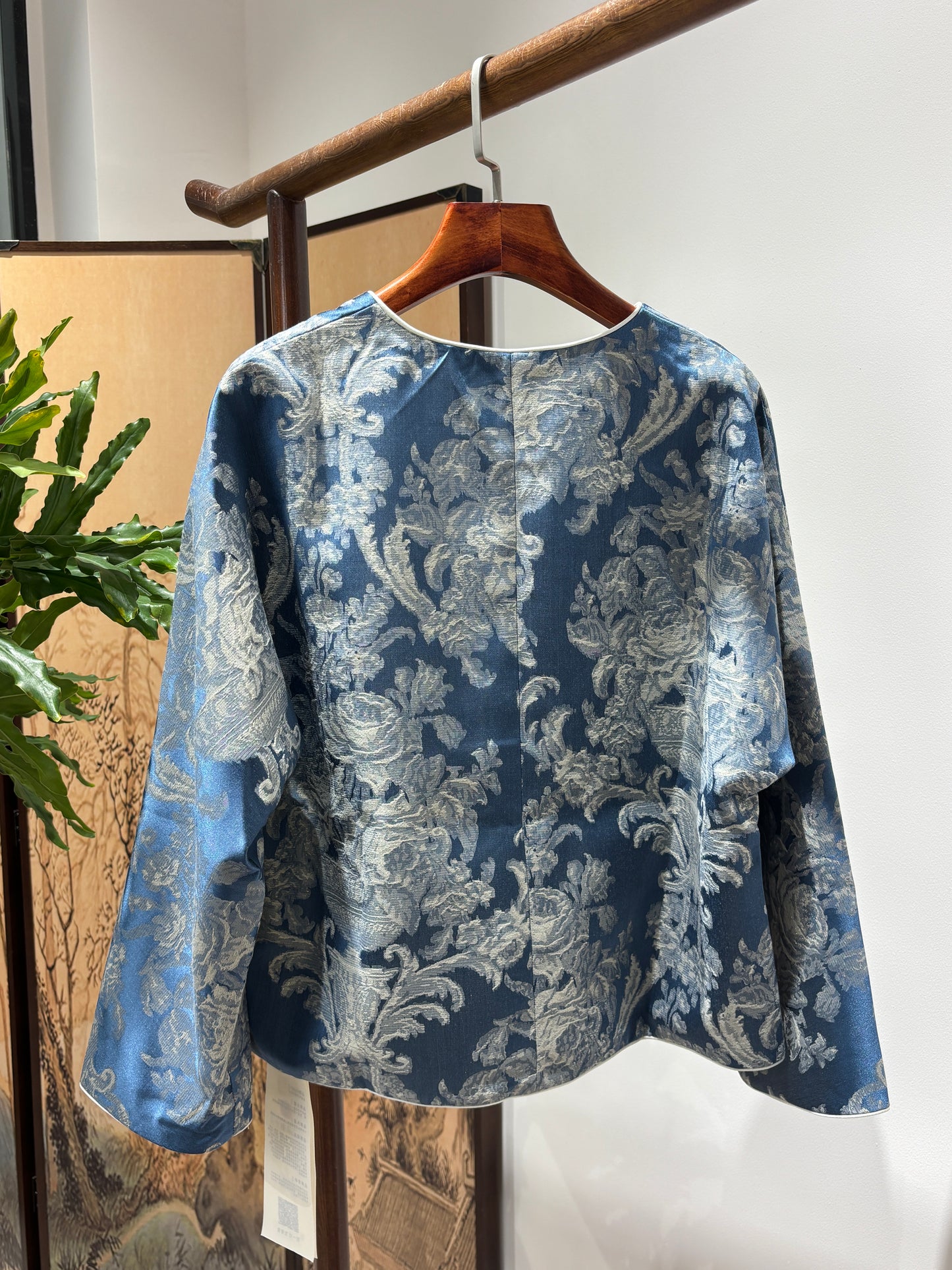 Blue Rayon Jacquard Jacket – Contemporary Elegance with Cultural Flair