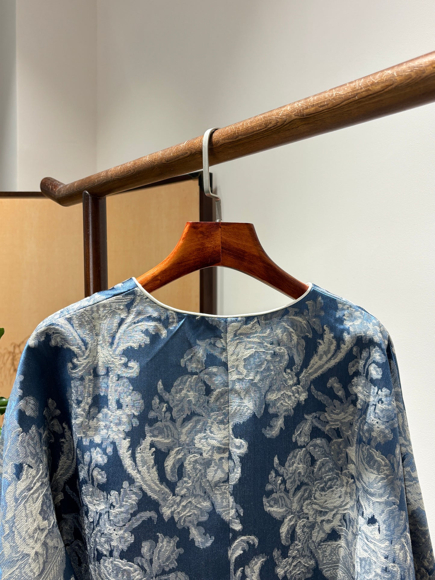 Blue Rayon Jacquard Jacket – Contemporary Elegance with Cultural Flair