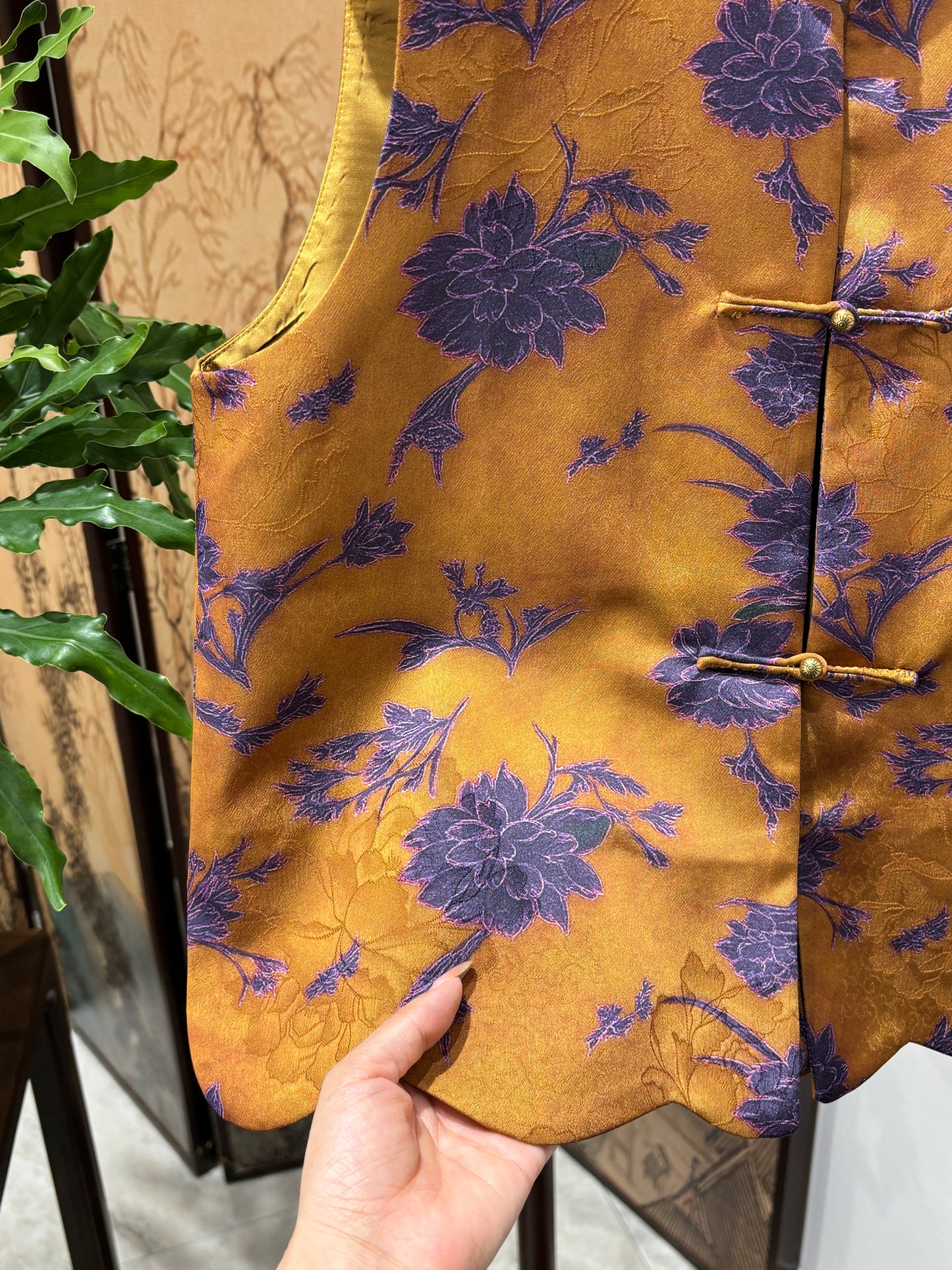Brown Rayon Jacquard Vest | Luxe Orienta Modern Chinese Vest