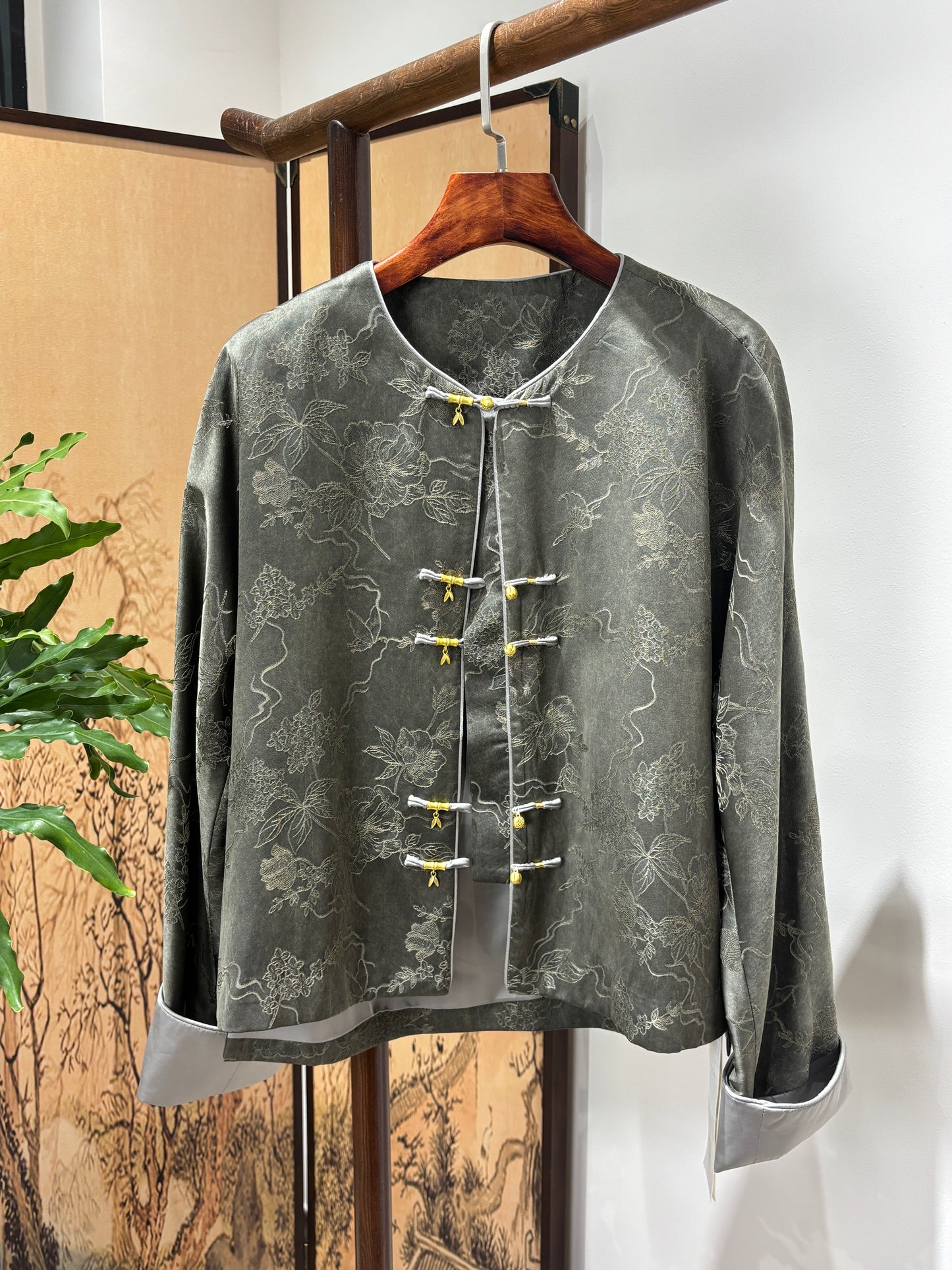 Charcoal Grey Jacquard Front-Closure Jacket | Luxe Orienta Modern Chinese Luxury Outerwear