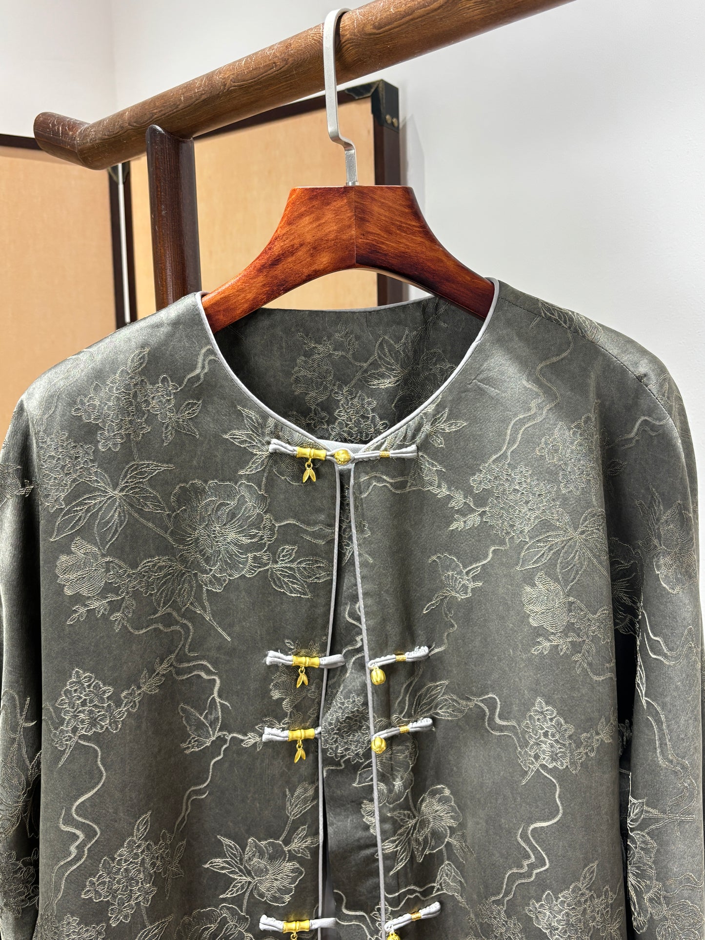 Charcoal Grey Jacquard Front-Closure Jacket | Luxe Orienta Modern Chinese Luxury Outerwear