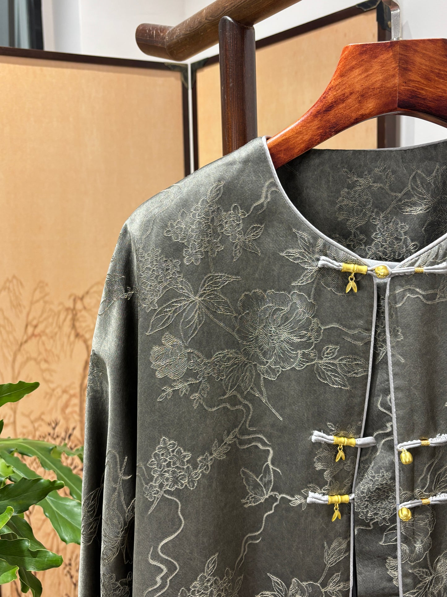 Charcoal Grey Jacquard Front-Closure Jacket | Luxe Orienta Modern Chinese Luxury Outerwear