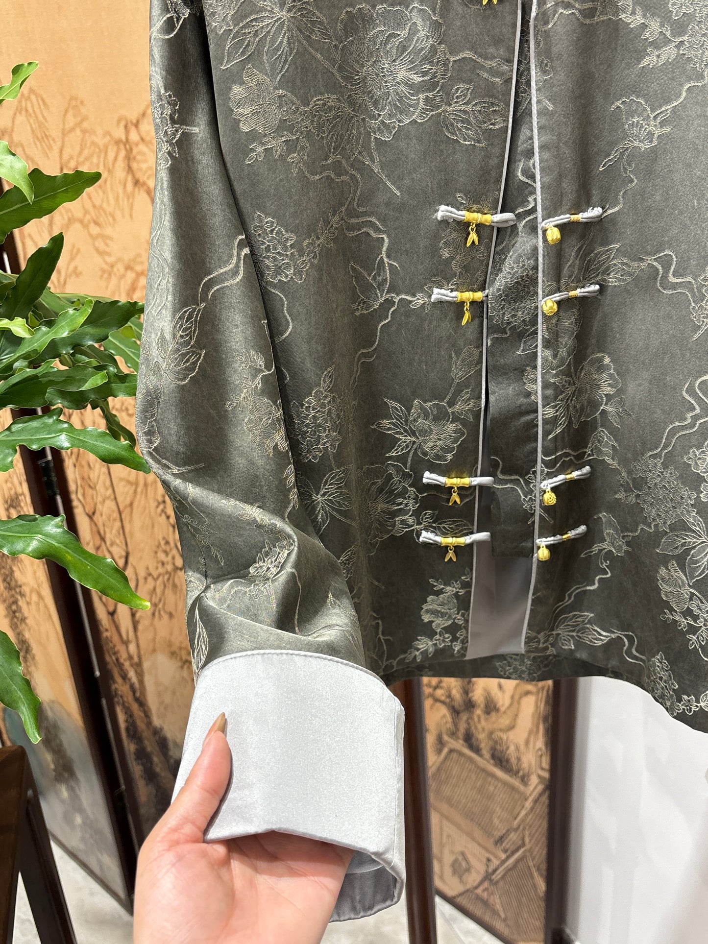 Charcoal Grey Jacquard Front-Closure Jacket | Luxe Orienta Modern Chinese Luxury Outerwear