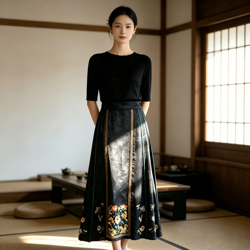 Luxury ink black floral jacquard mulberry silk horse-face skirt under soft dramatic lighting