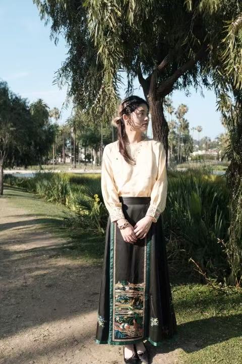 Glowing Mulberry Silk Top & Dark Green Mamian Skirt at Sunset