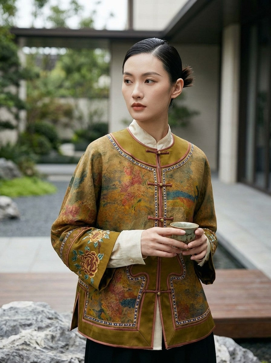 100% Mulberry Silk Printed Frog Button Magpie Jacket | Modern Chinese Embroidered Silk Top - Luxe Orienta CO., LIMITED