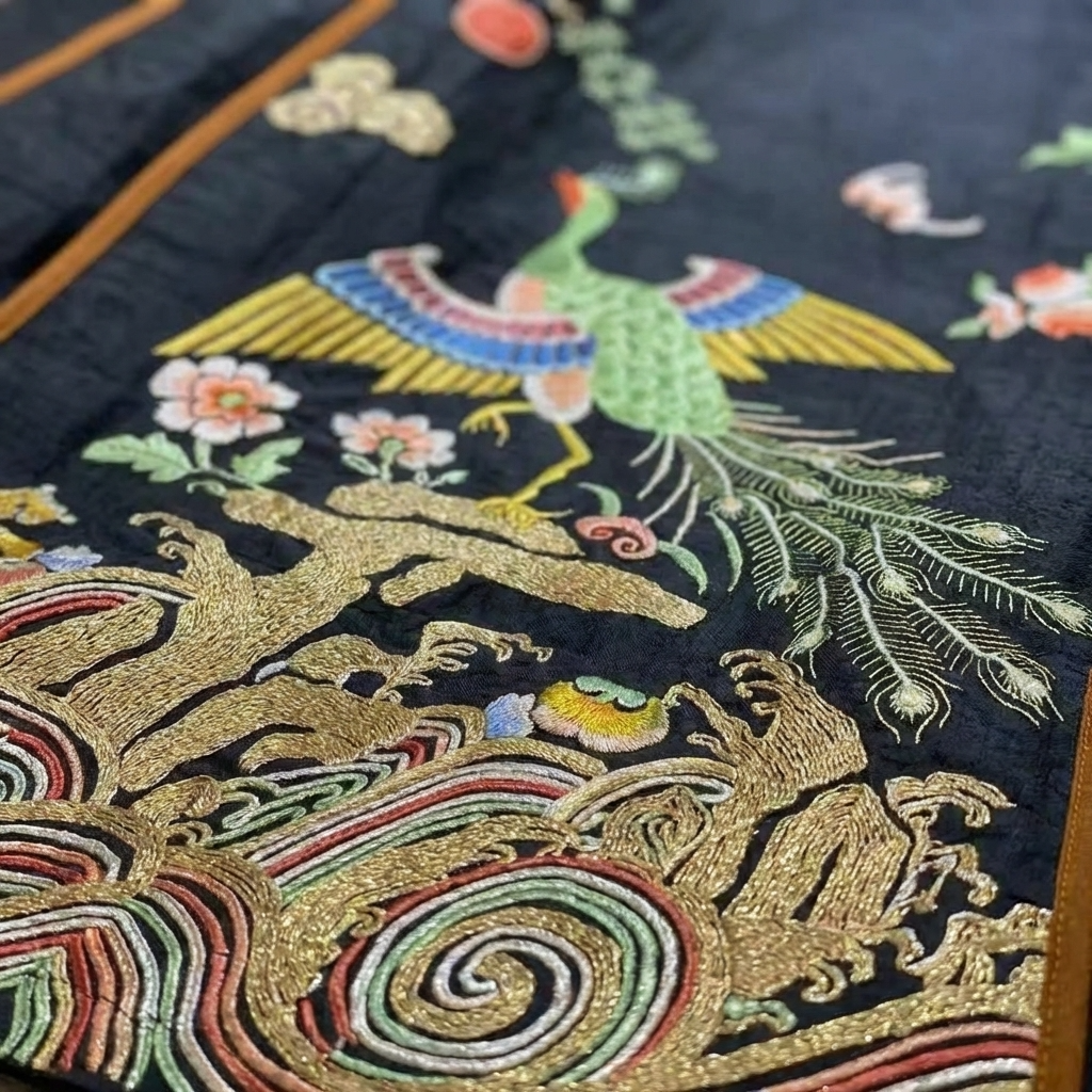 Close-up of intricate embroidered fabric with peacockand floral patterns on the ma mian qun