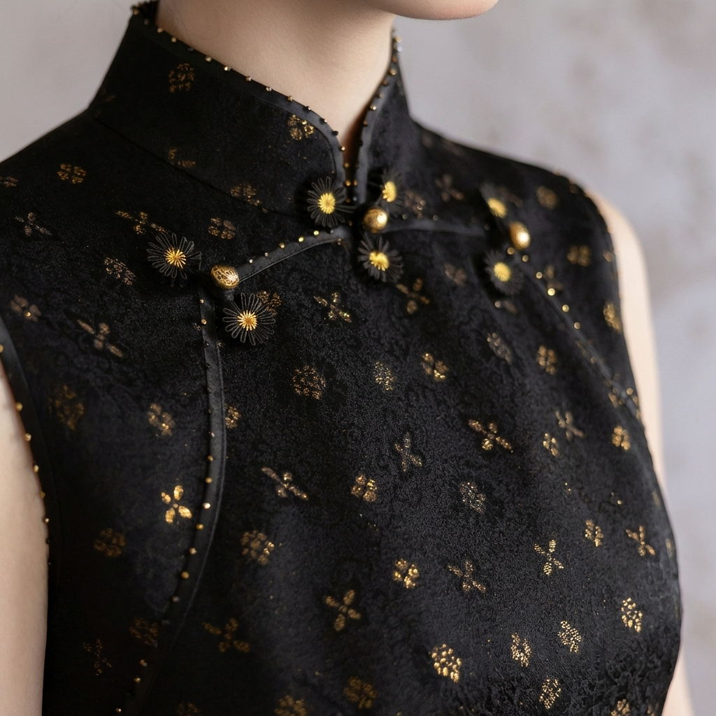 Black Gold Jacquard Xiangyunsha Qipao | Elegant Mulberry Silk Chinese Cheongsam Dress - Luxe Orienta CO., LIMITED