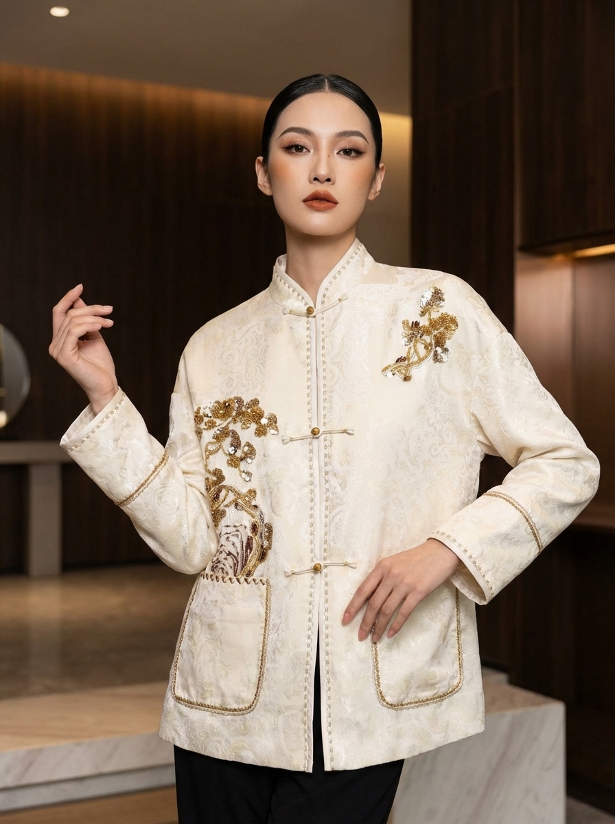 White Beaded Pine Embroidered Tang Jacket | Modern Chinese Style - Luxe Orienta CO., LIMITED