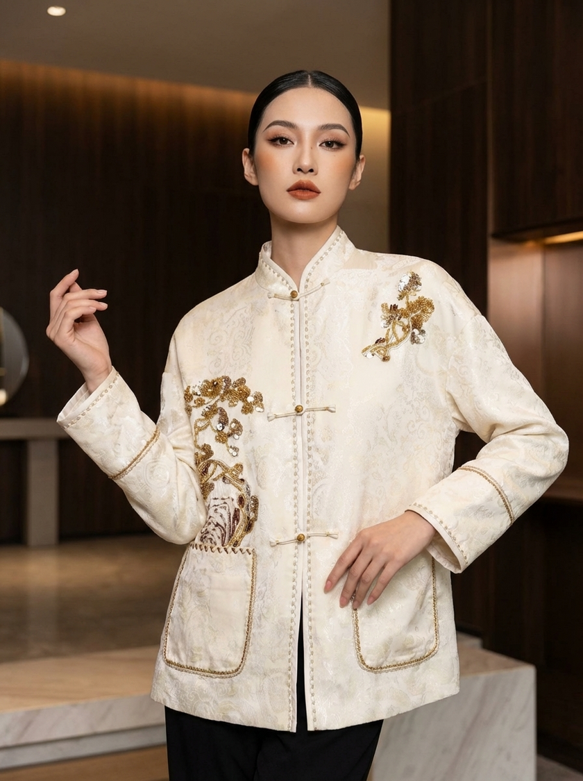 White Beaded Pine Embroidered Tang Jacket | Modern Chinese Style - Luxe Orienta CO., LIMITED