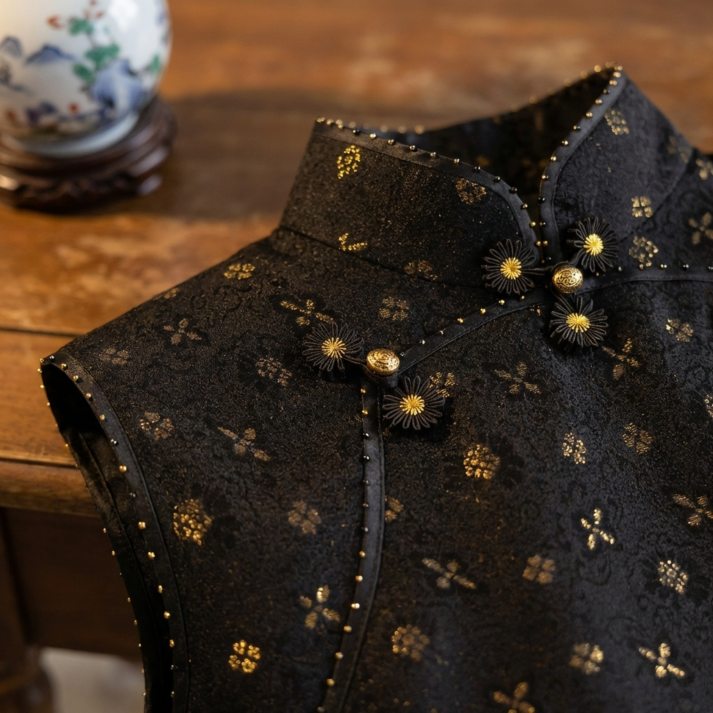 Black Gold Jacquard Xiangyunsha Qipao | Elegant Mulberry Silk Chinese Cheongsam Dress - Luxe Orienta CO., LIMITED