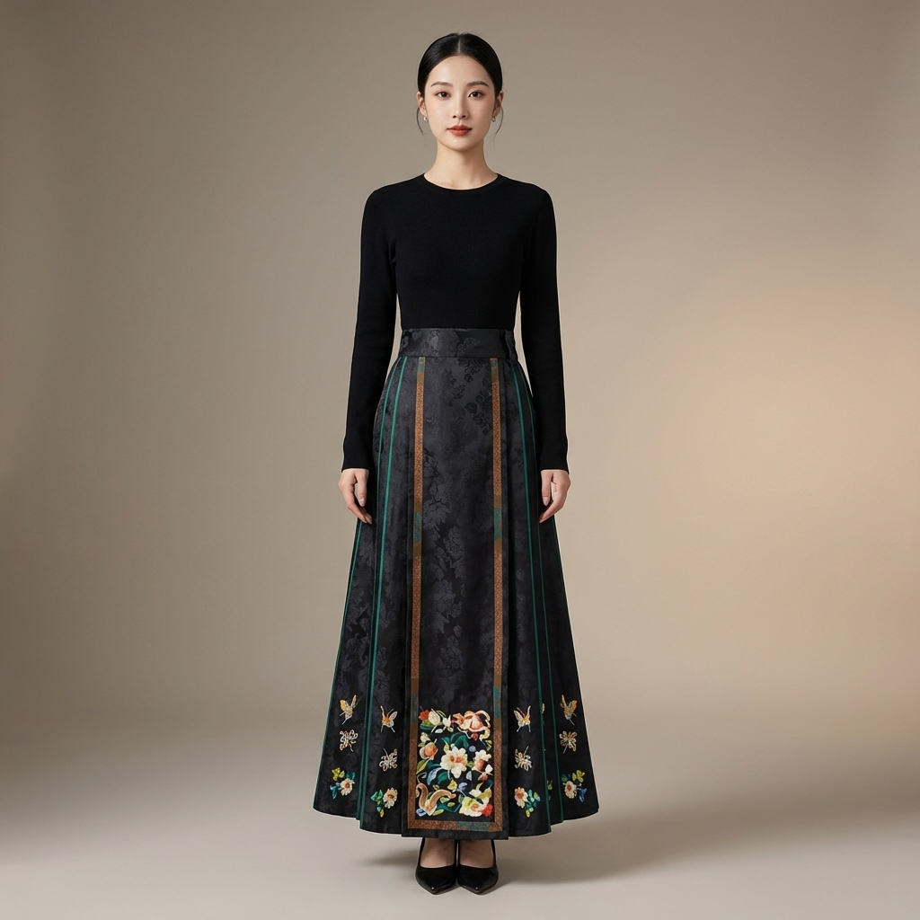 Woman wearing a black top and floral embroidered mamian skirt 