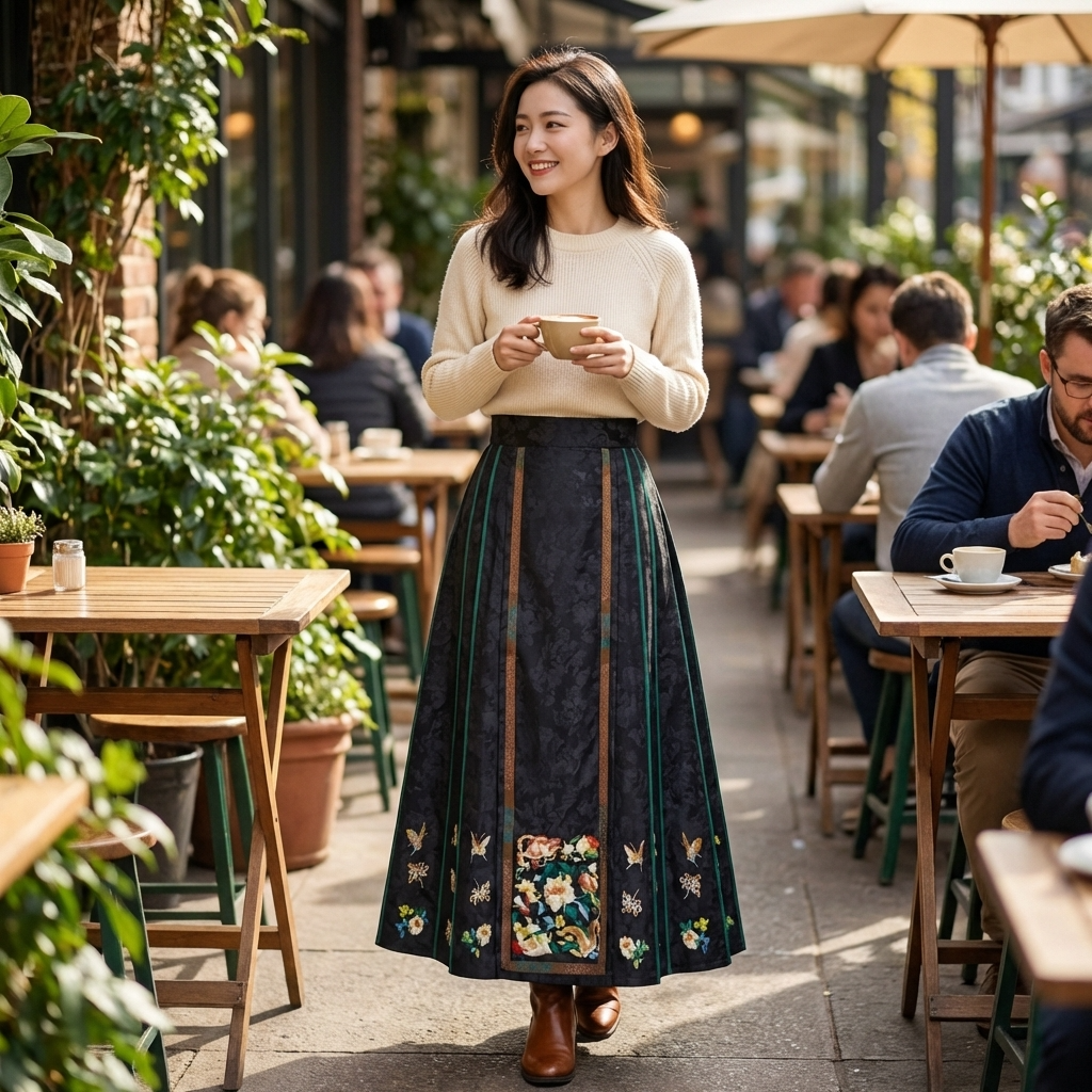 Woman stying a black pleated mamian skirt standing in an outdoor cafe holding a cup, surrounded by other patrons and plants.