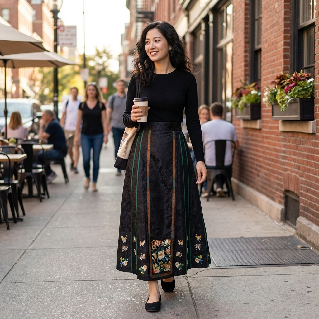 Woman walking down a city street holding a coffee cup, wearing a black top and floral  embroidered horse face skirt