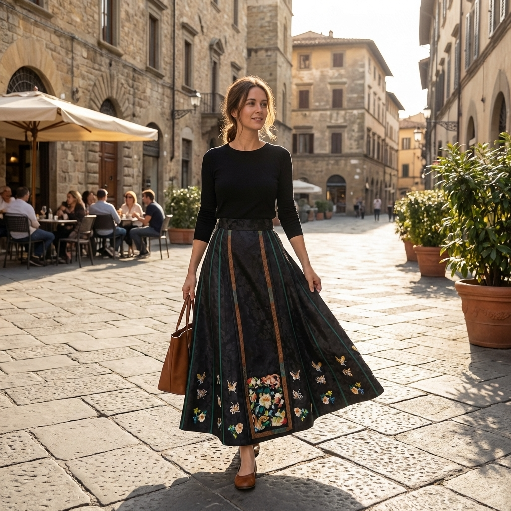 Woman walking down a sunlit street in an old European town, wearing a black top and floral ma mian skirt