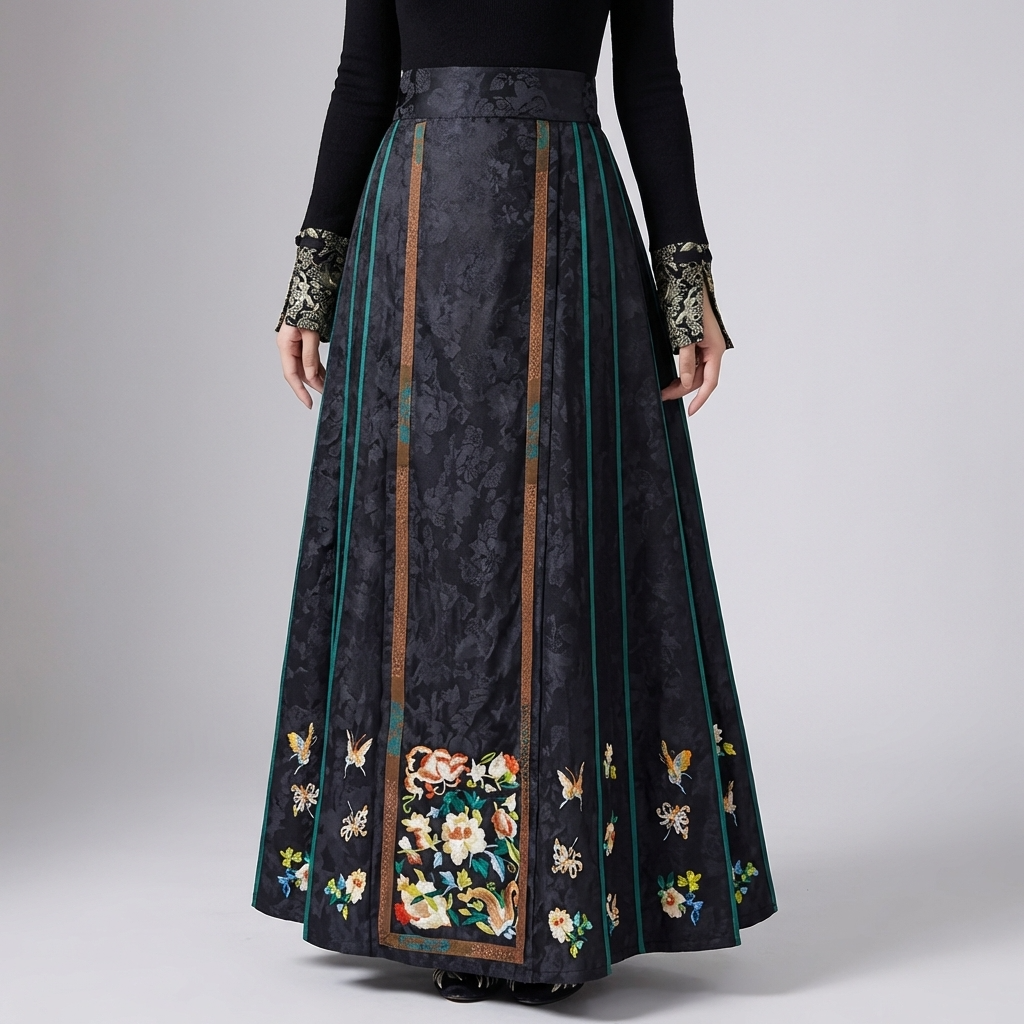  black floral embroidered horse face skirt front view