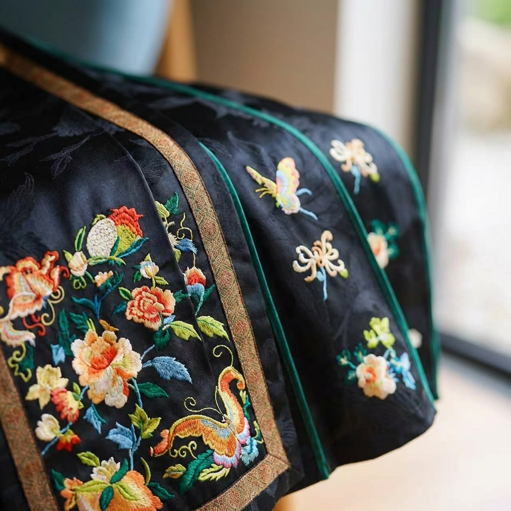 Embroidered black horse-face skirt with colorful floral and butterfly designs.