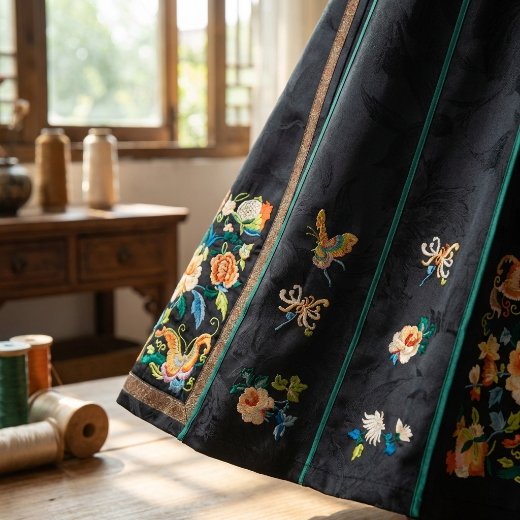 Embroidered fabric with floral and butterfly designs for the mulberry silk mamianqun skirt