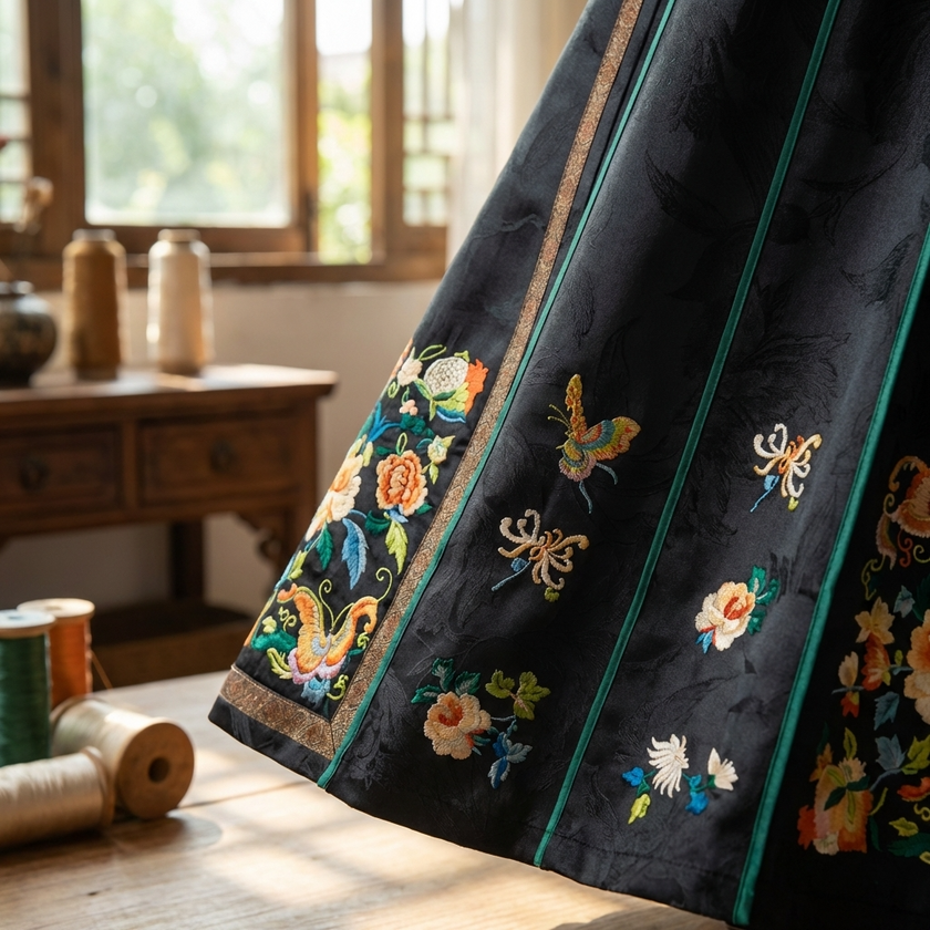 Embroidered fabric with floral and butterfly designs for the mulberry silk mamianqun skirt