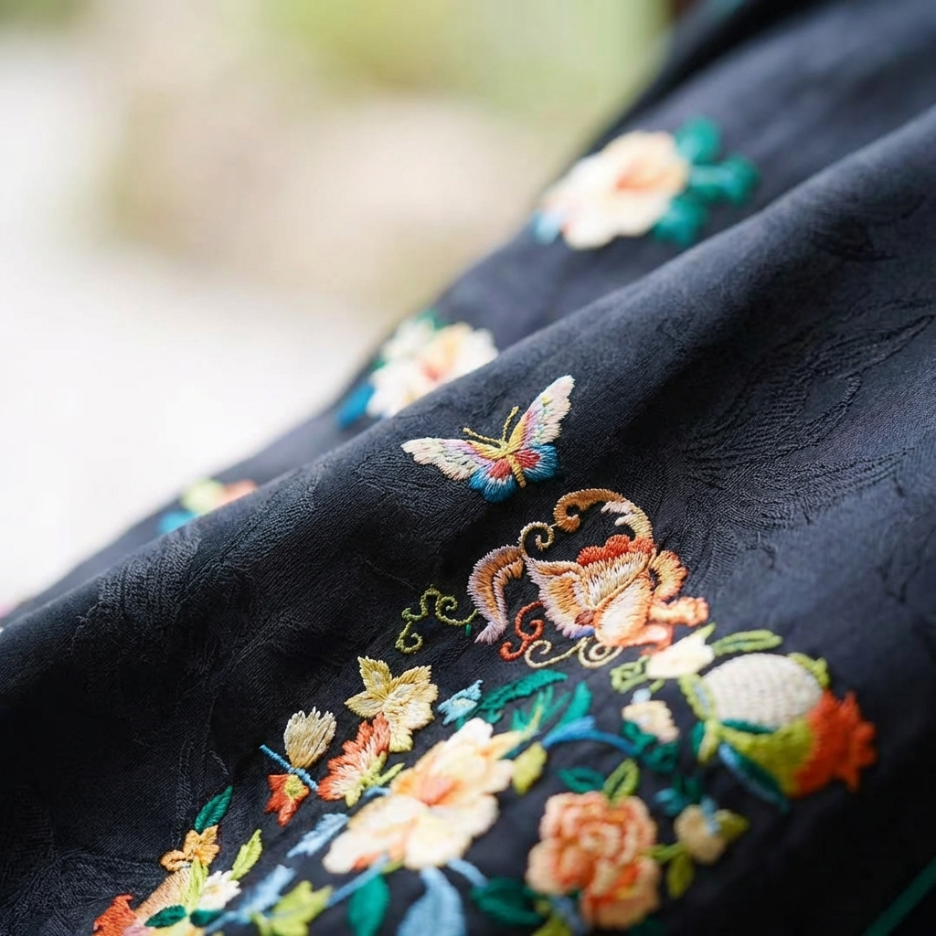 Close-up of embroidered fabric with floral and butterfly for the ma mian skirt