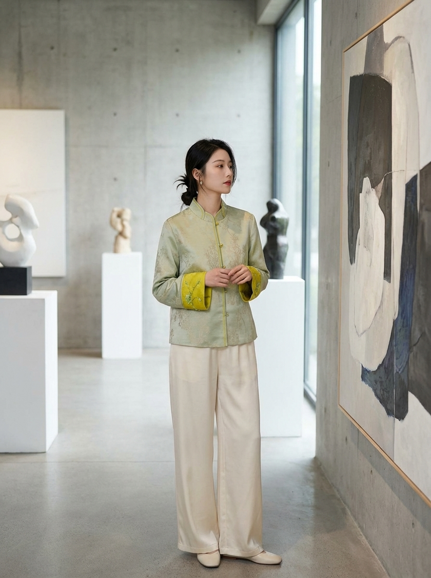 Green Mulberry Silk Embroidered Jacket with Beaded Cuff | Modern Chinese Style - Luxe Orienta CO., LIMITED