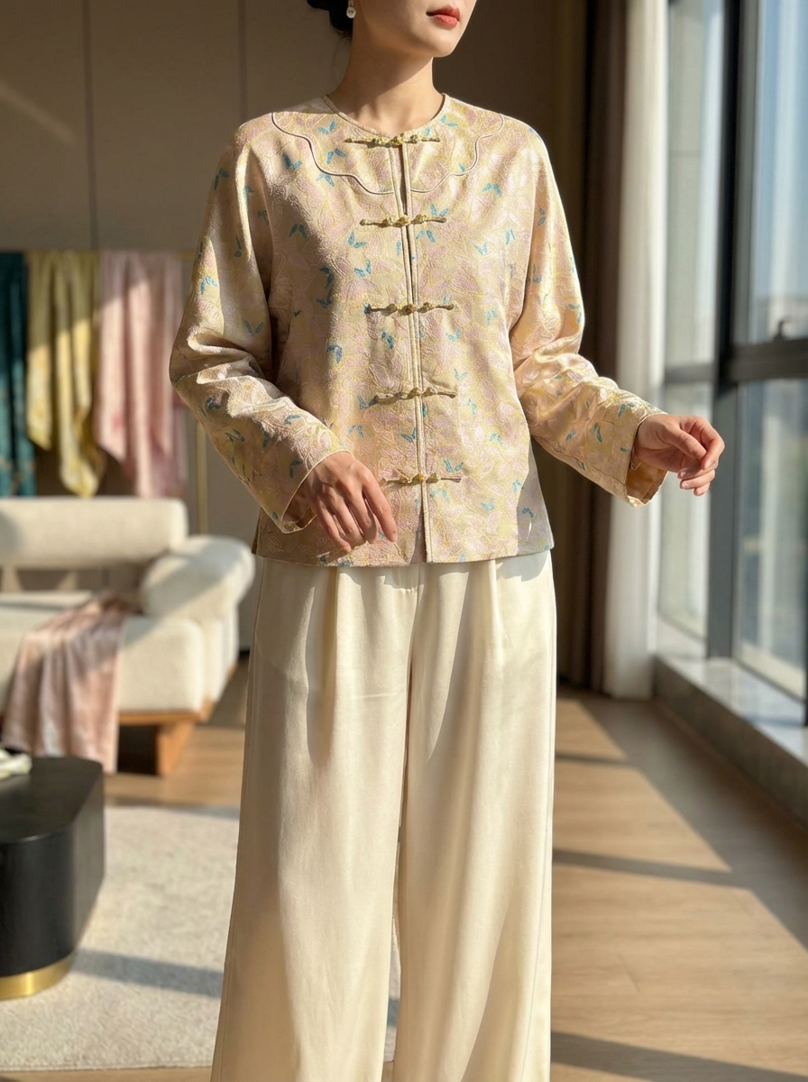 Pink Song Brocade Mulberry Silk Butterfly Jacket | Modern Chinese Frog Button Coat