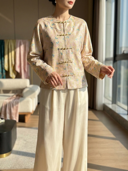 Pink Song Brocade Mulberry Silk Butterfly Jacket | Modern Chinese Frog Button Coat