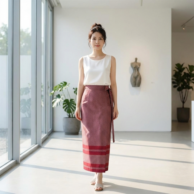 Front view of the red mulberry silk skirt