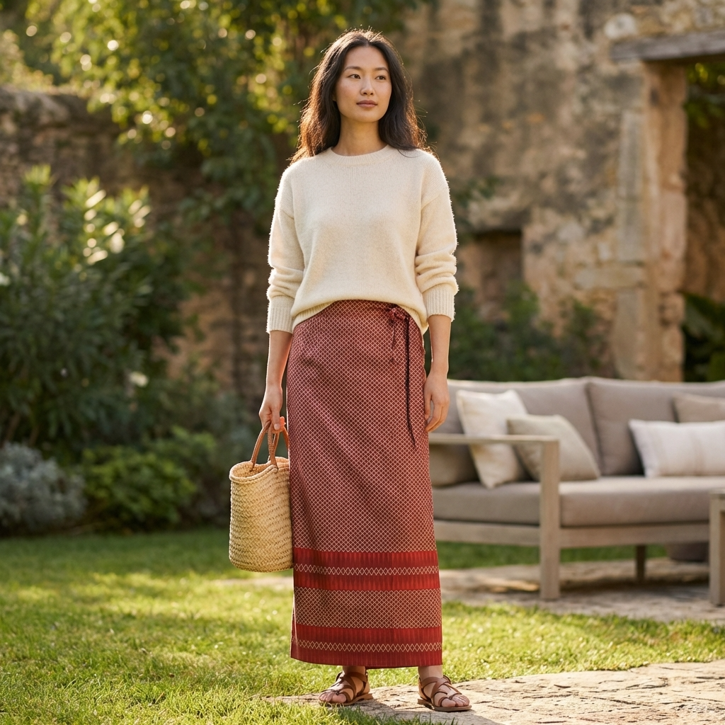 Woman standing outdoors in a garden stying with the red jacquard mamianqun with a beige sweater