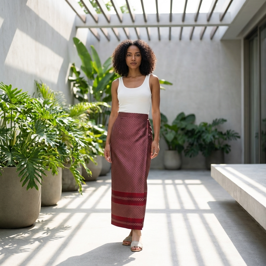 a model in red skirt and white vest front look