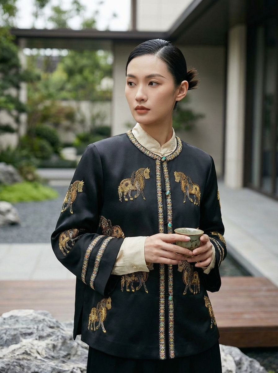 Golden Horse Embroidered Oriental Top | Modern Chinese Silk Blouse with Geometric Trim - Luxe Orienta CO., LIMITED