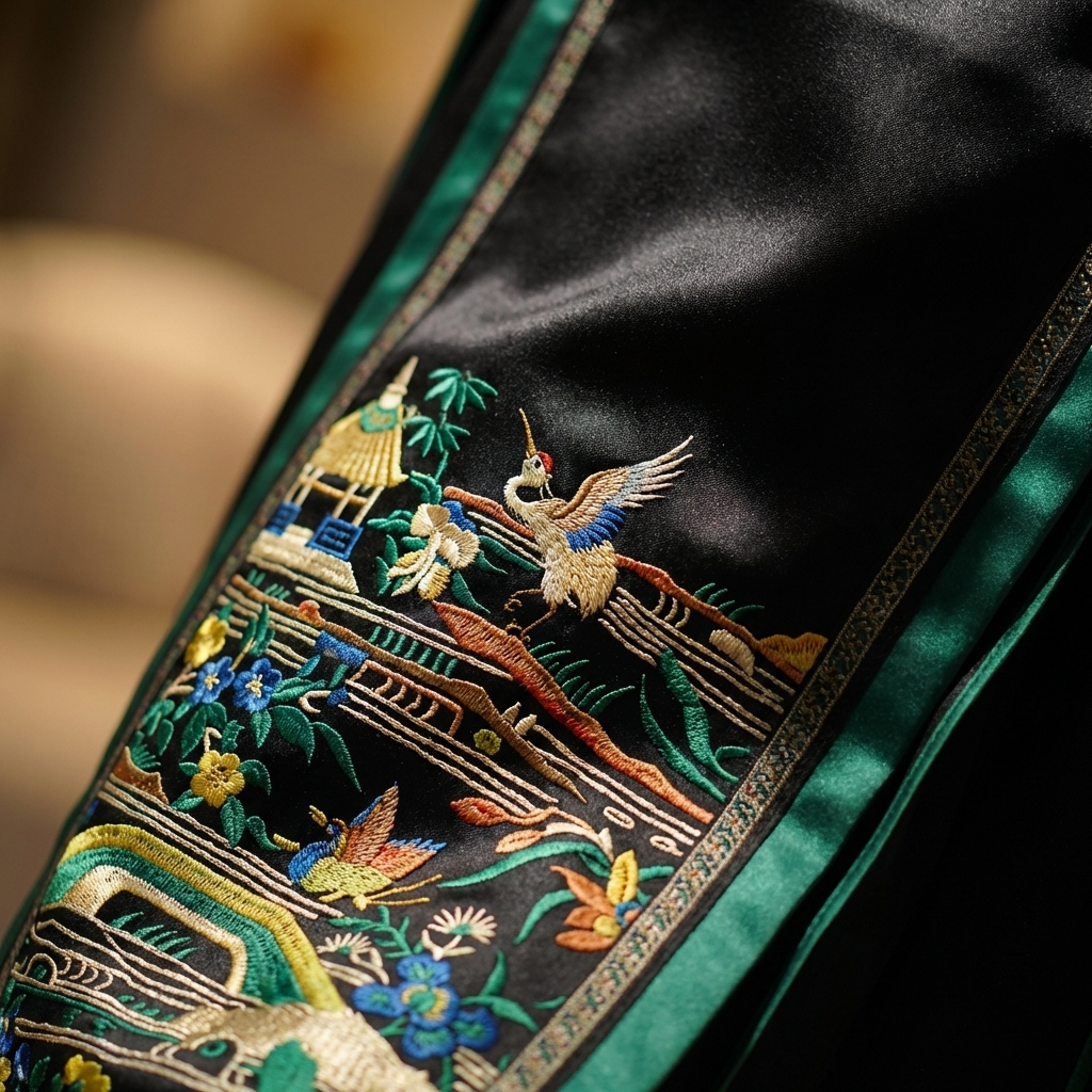 Embroidered fabric with traditional design featuring a crane and landscape.