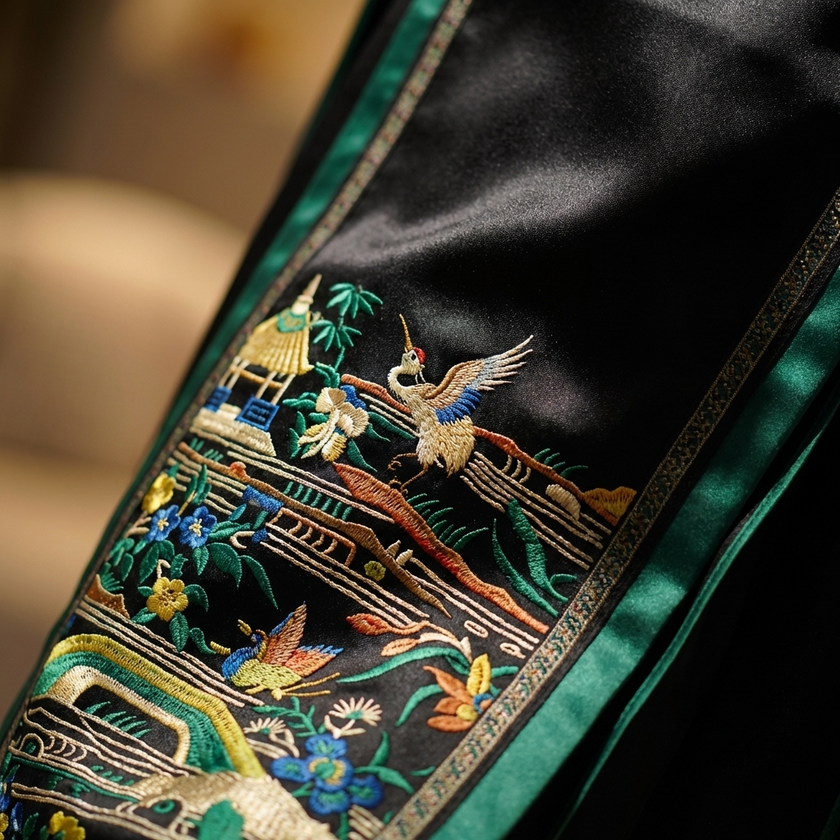 Embroidered fabric with traditional design featuring a crane and landscape.