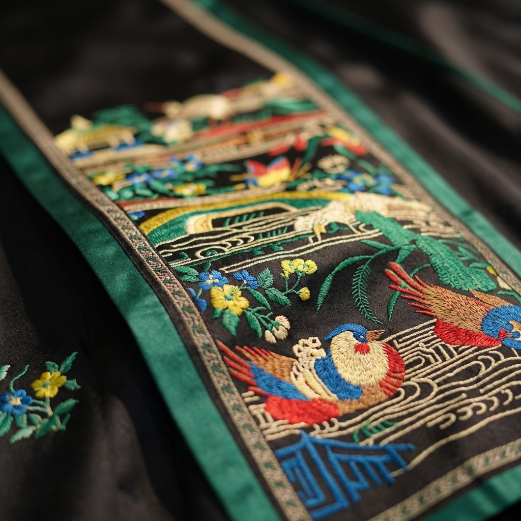 Close-up of embroidered fabric for the mamianqun