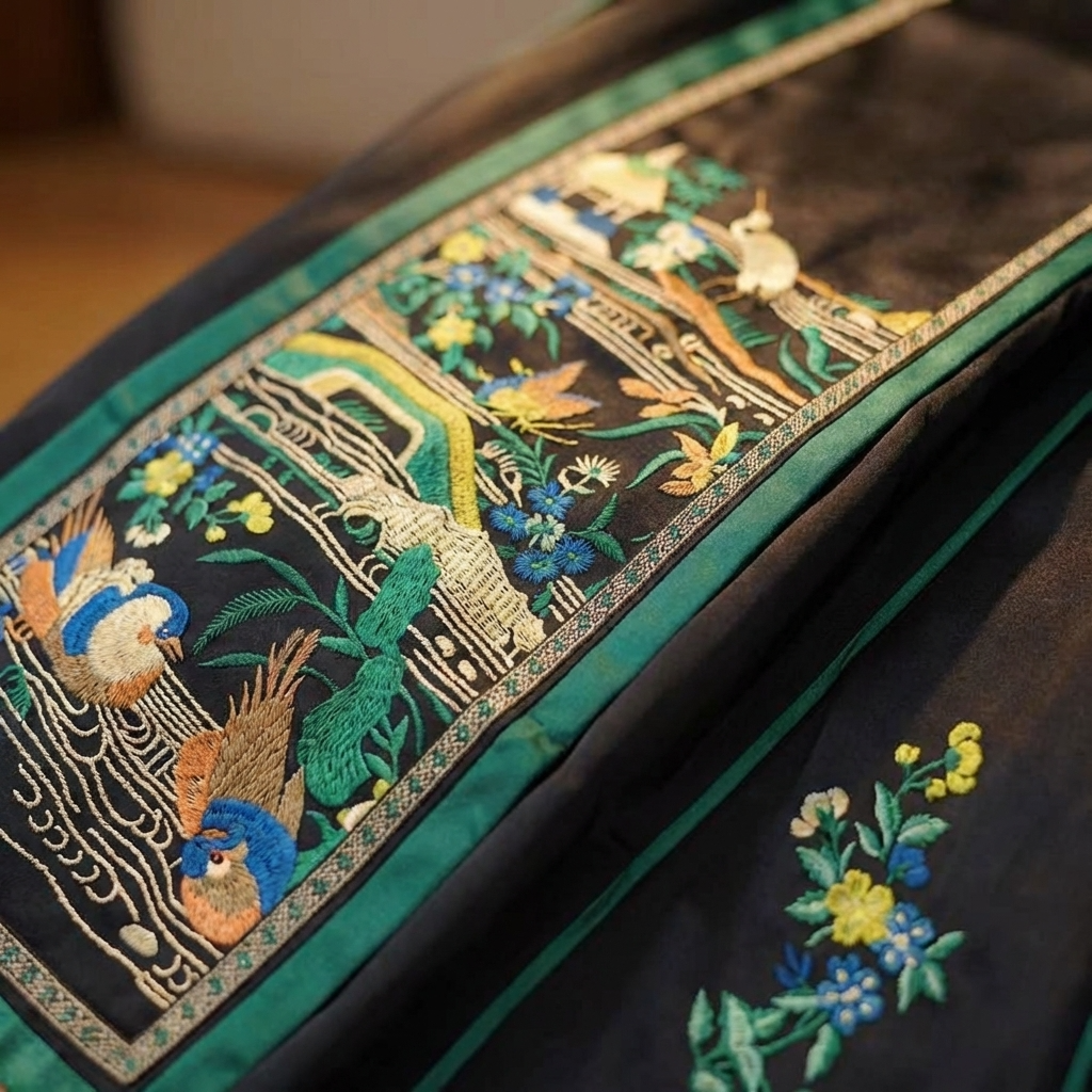 Embroidered fabric with birds and floral patterns for the mamianqun