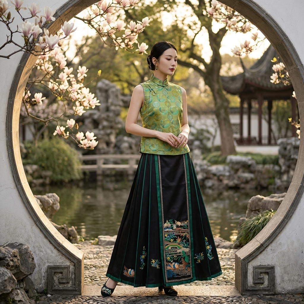 Woman in traditional green and black outfit 