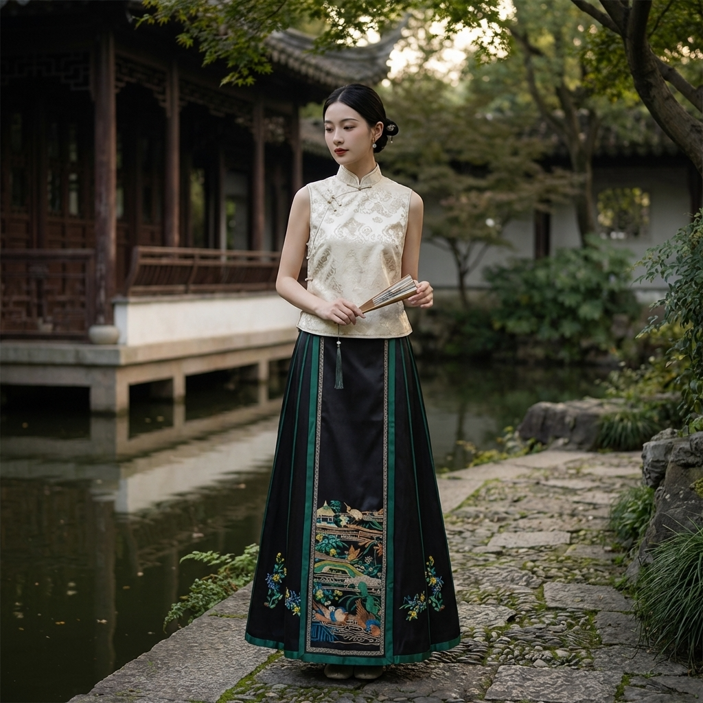 Woman in traditional mamianqun standing in a serene garden setting