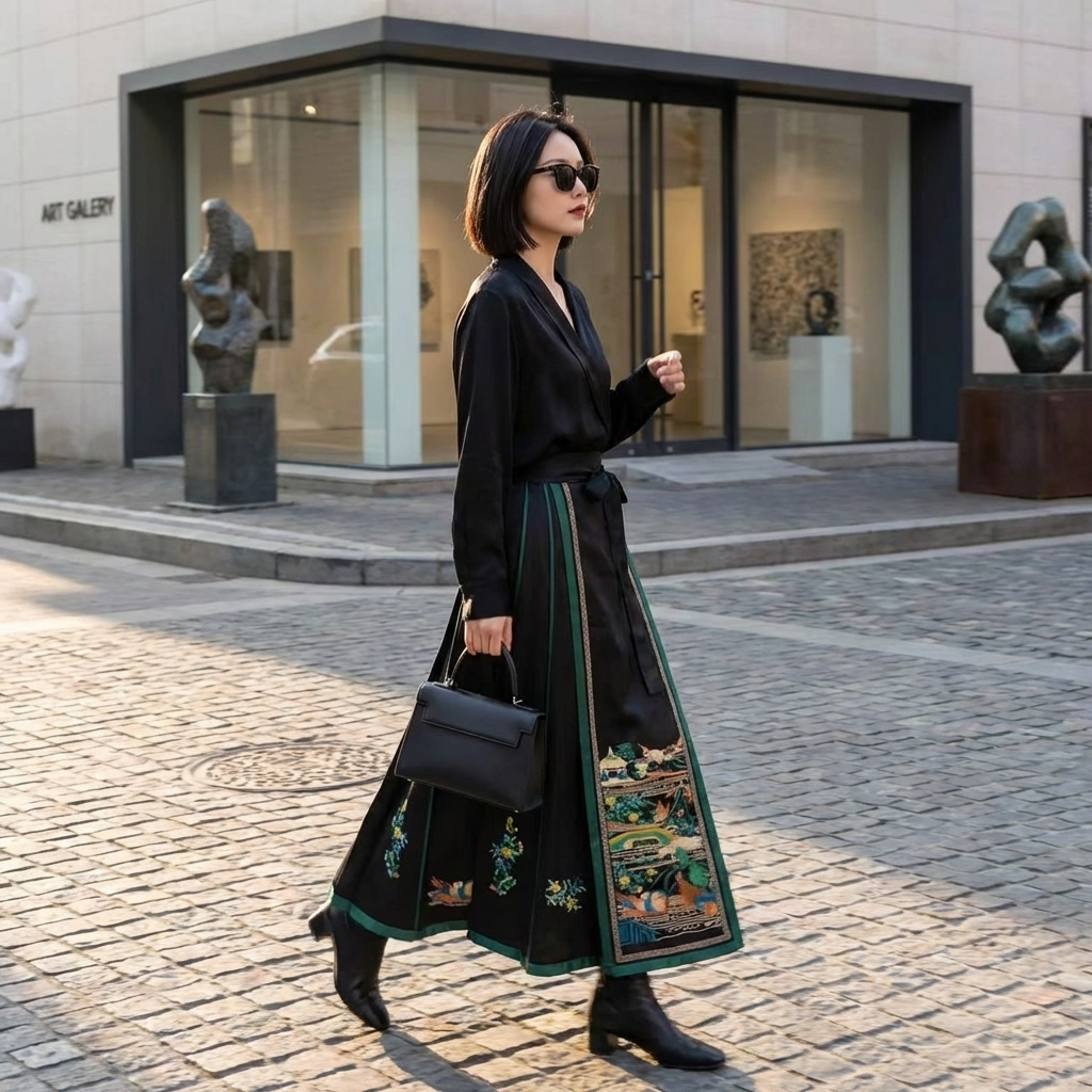 Woman in a long black and green skirt walking in front of an art gallery.