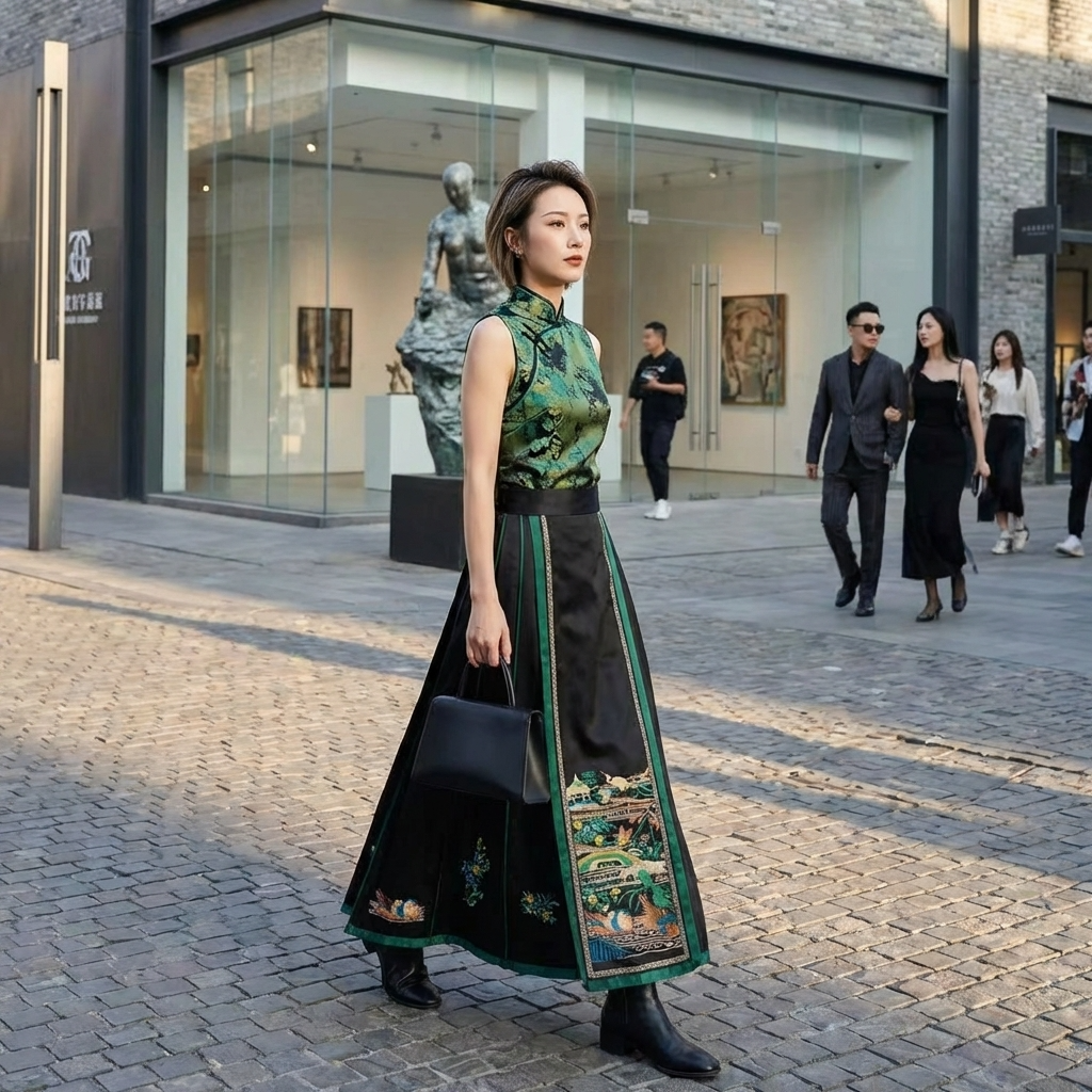 Woman in a green vest and black horse face skirt walking on a city street.