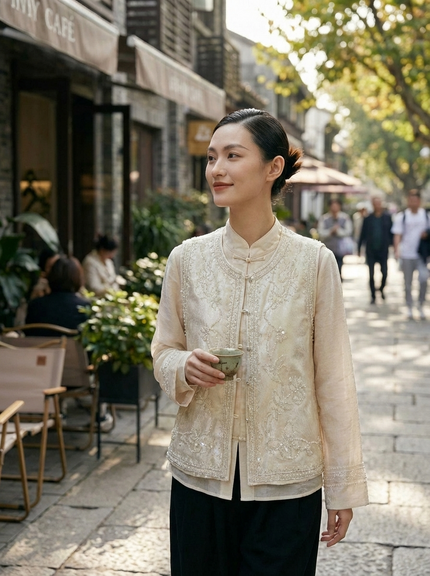 White Beaded Sequin Embroidered Vest & Satin Shirt Set | Modern Chinese Elegance - Luxe Orienta CO., LIMITED