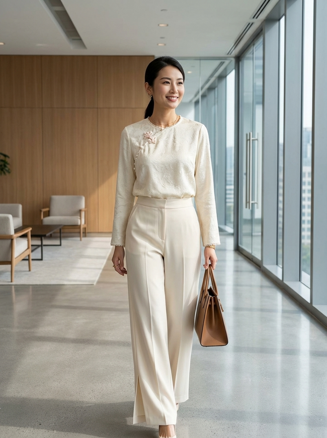 Apricot Beaded Jacquard Chinese Blouse | Modern Oriental Wrap Top - Luxe Orienta CO., LIMITED