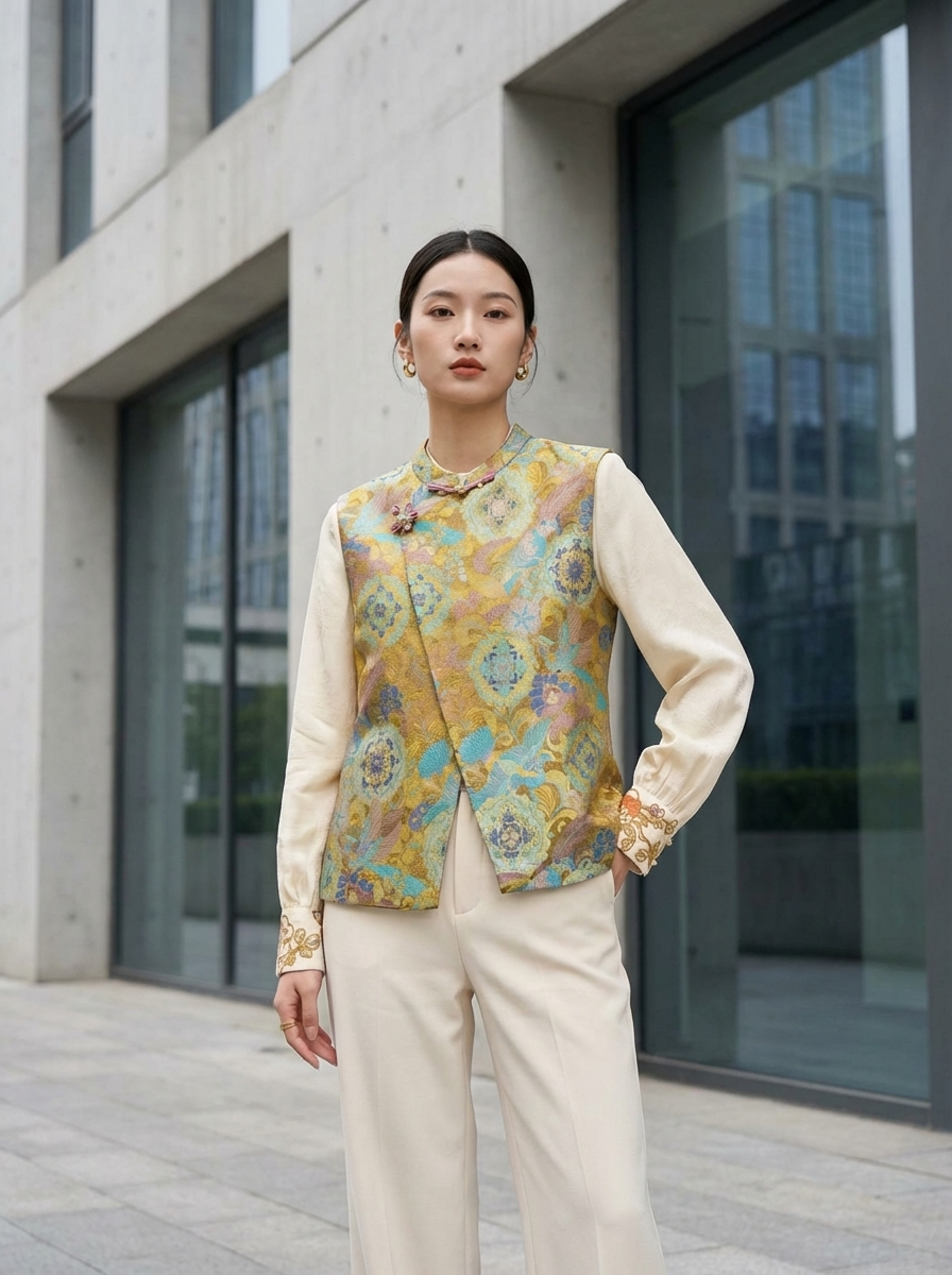 Golden Enamel Jacquard Phoenix Silk Vest – Luxury Phoenix Chinese Waistcoat - Luxe Orienta CO., LIMITED