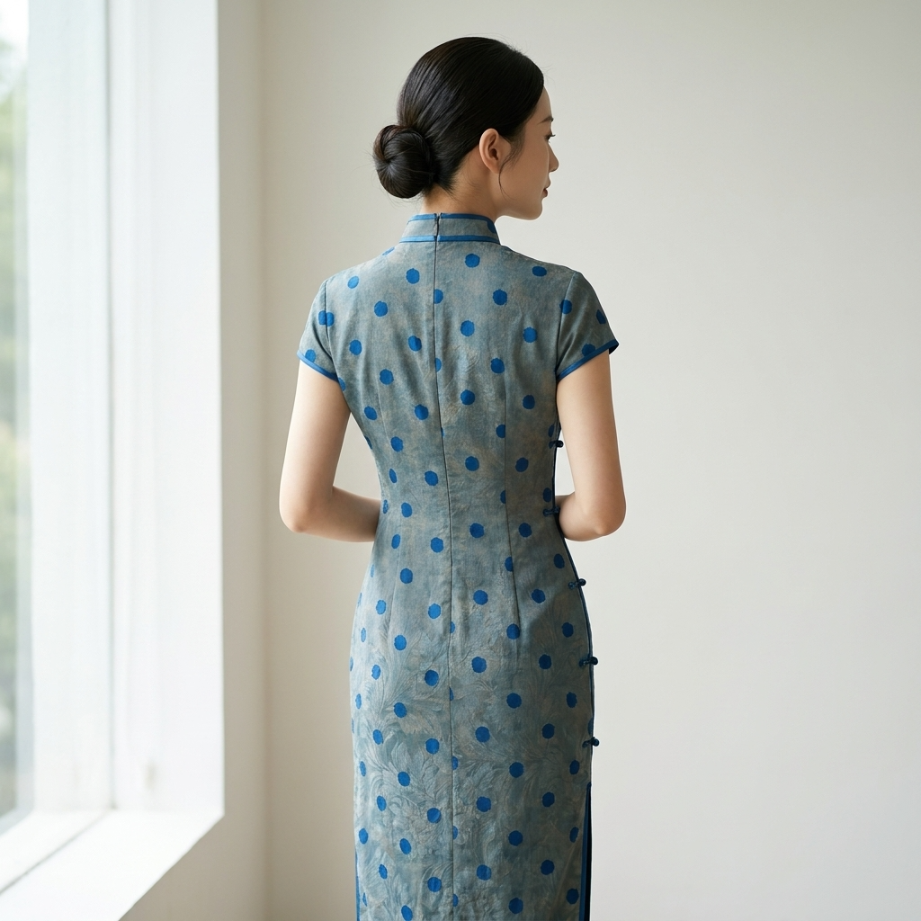 Grey-Blue Polka Dot Xiangyunsha Qipao | 100% Mulberry Silk Flower-Lo Jacquard Cheongsam - LUXE ORIENTA - Luxe Orienta CO., LIMITED